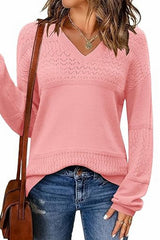 Color Block V Neck Crochet Pullover Sweater Top