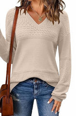 Color Block V Neck Crochet Pullover Sweater Top