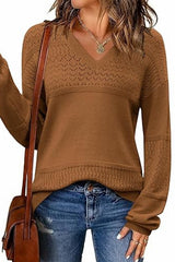 Color Block V Neck Crochet Pullover Sweater Top