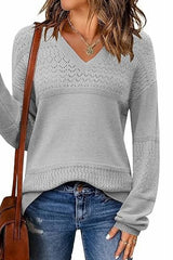Color Block V Neck Crochet Pullover Sweater Top