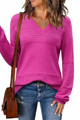 Color Block V Neck Crochet Pullover Sweater Top