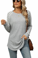 Casual Long Sleeve Shirts Round Neck Color Block Top