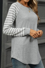 Casual Long Sleeve Shirts Round Neck Color Block Top