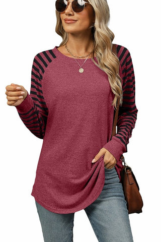 Casual Long Sleeve Shirts Round Neck Color Block Top