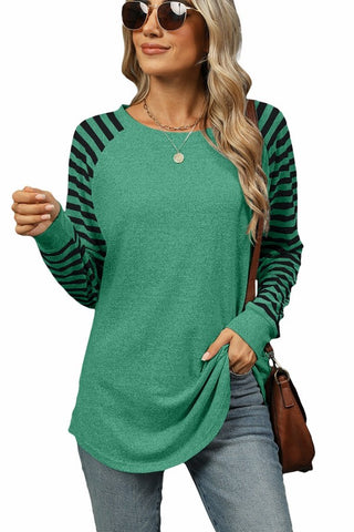 Casual Long Sleeve Shirts Round Neck Color Block Top