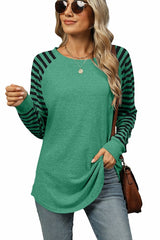 Casual Long Sleeve Shirts Round Neck Color Block Top
