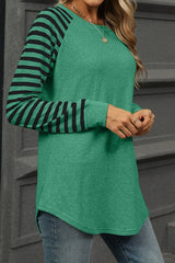 Casual Long Sleeve Shirts Round Neck Color Block Top