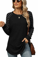 Casual Long Sleeve Shirts Round Neck Color Block Top