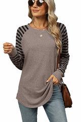 Casual Long Sleeve Shirts Round Neck Color Block Top