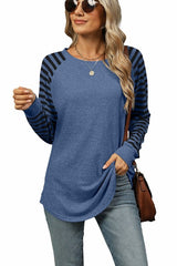 Casual Long Sleeve Shirts Round Neck Color Block Top