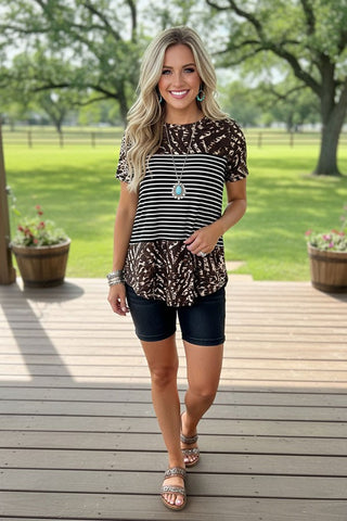 Western Leopard & Stripe Short Sleeve Women's Boutique Top