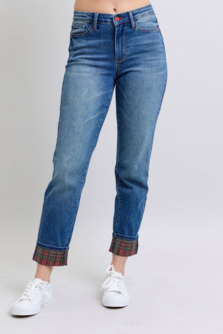 Judy Blue MID RISE PLAID PRINT CUFF BOYFRIEND