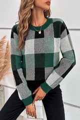 Ribbed Round Neck Plaid Pattern Casual Sweater