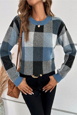 Ribbed Round Neck Plaid Pattern Casual Sweater