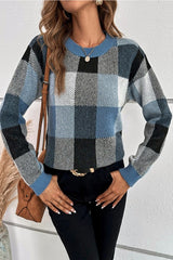 Ribbed Round Neck Plaid Pattern Casual Sweater