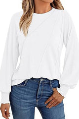 Wrinkled Round Neck Smock Long Sleeve Top