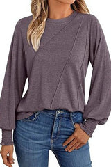 Wrinkled Round Neck Smock Long Sleeve Top