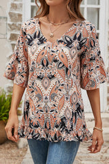 Paisley Pattern Short Sleeve V-Neck Top