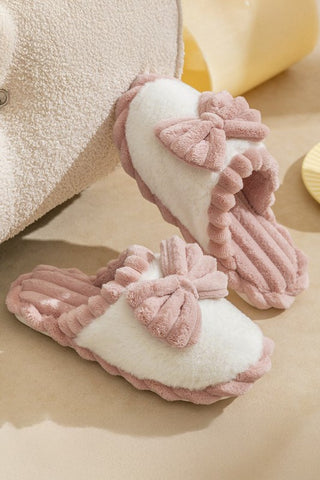 Bow Decor Ribbed Plush Slippers