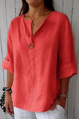 Loose Top With V-Neck and Buttons, Linen