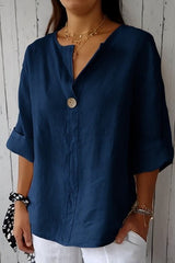 Loose Top With V-Neck and Buttons, Linen