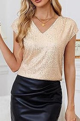 Glitter Slim Fit V-neck Solid Color Top