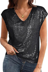 Glitter Slim Fit V-neck Solid Color Top