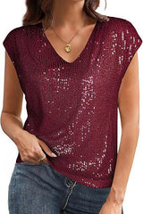 Glitter Slim Fit V-neck Solid Color Top