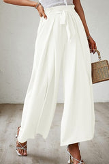 Elastic Waist Bowknot Wide Leg Slit Pants
