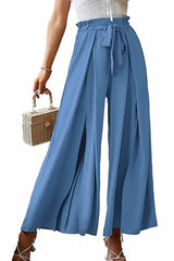 Elastic Waist Bowknot Wide Leg Slit Pants