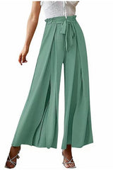 Elastic Waist Bowknot Wide Leg Slit Pants