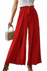 Elastic Waist Bowknot Wide Leg Slit Pants