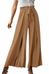 Elastic Waist Bowknot Wide Leg Slit Pants