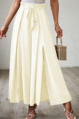 Elastic Waist Bowknot Wide Leg Slit Pants