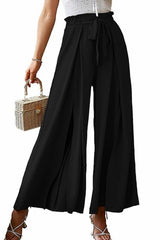Elastic Waist Bowknot Wide Leg Slit Pants