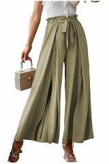 Elastic Waist Bowknot Wide Leg Slit Pants