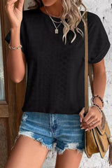 Eyelet Crew Neck Loose Fit Short Sleeve Tee