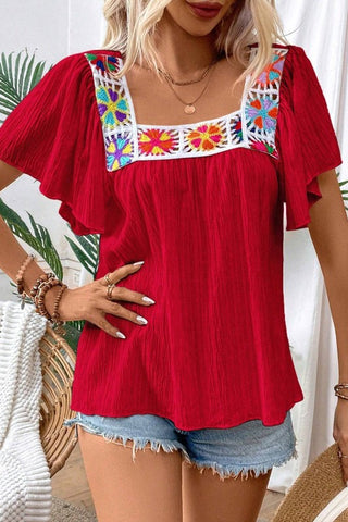 Crochet Hollow Lace Short Sleeved Shirt