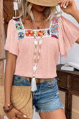 Crochet Hollow Lace Short Sleeved Shirt