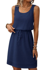 Square Collar Drawstring Sleeveless Dress