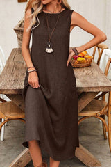 Sleeveless Loose Fit Midi A line Dress With Pocket