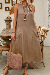 Sleeveless Loose Fit Midi A line Dress With Pocket