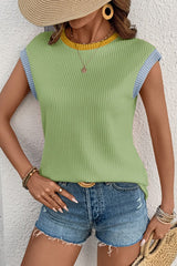 Color Block Corded Knit Crew Neck Top