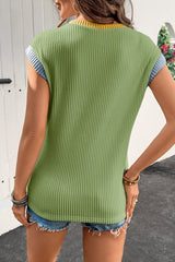 Color Block Corded Knit Crew Neck Top
