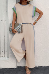 Patchwork Short Sleeve Top and Loose Pants Set