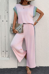 Patchwork Short Sleeve Top and Loose Pants Set