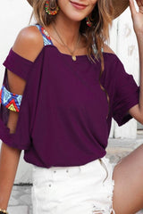 Hollow Out Short Sleeved Off Shoulder Top