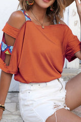 Hollow Out Short Sleeved Off Shoulder Top