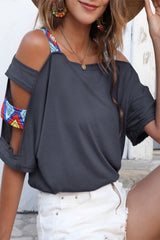 Hollow Out Short Sleeved Off Shoulder Top