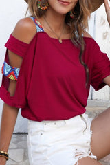 Hollow Out Short Sleeved Off Shoulder Top